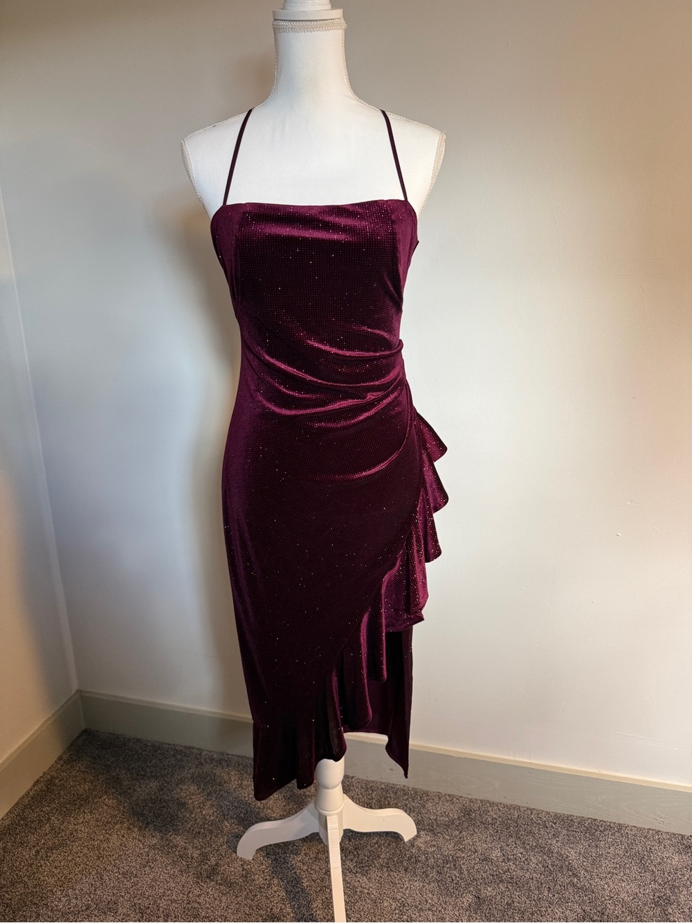 Emerald Sundae Glitter Velvet Ruffle Midi Dress Size L Burgundy Shimmer Ruched
